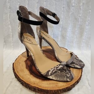 LOFT Women's Snake Print Ankle Strap Heels in Black and Gray
